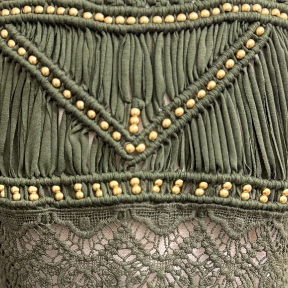 U-style Olive Green Macrame Crochet Gold Tone Beaded Festival Ready Cropped Vest - Picture 6 of 8
